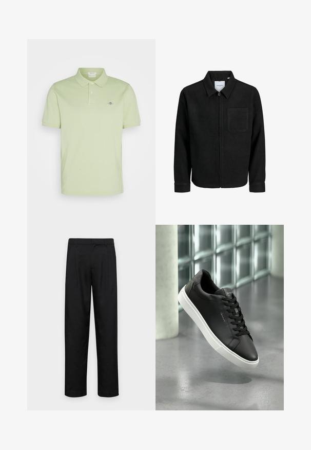 Giacca nera con zip, colletto e una tasca sul petto, mostrata su sfondo bianco.; GANT REG SHIELD SS - Polo - milky matcha; Pantaloni neri realizzati in tessuto liscio, caratterizzati da un taglio dritto, due pieghe frontali e una vita standard con passanti per la cintura.; Sneaker in pelle nera con suola in gomma bianca, punta rotonda e lacci. Presenta una texture liscia e un branding discreto sulla linguetta.