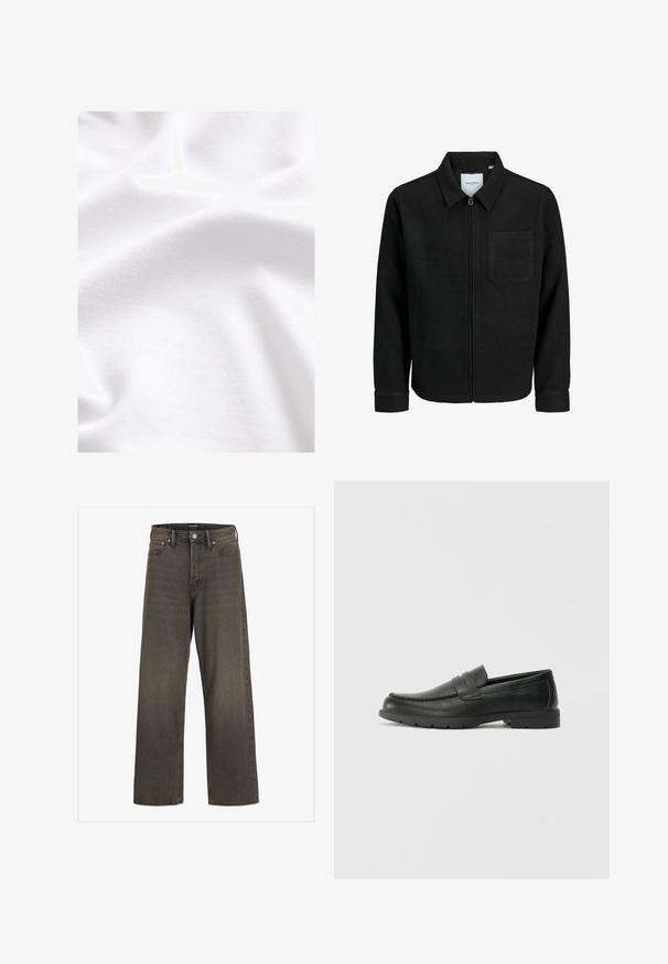 Schwarze Zip-Jacke mit Kragen und einer einzelnen Brusttasche, auf weißem Hintergrund präsentiert.; Weißer Baumwollstoff mit einer glatten Textur, der subtile Falten und Fältchen aufweist und die weiche, leichte Beschaffenheit betont.; Weite Jeans aus dunkelgrauem Denim mit hoher Taille, klassischem Fünf-Taschen-Design und kontrastierendem Stepp entlang der Nähte.; Schwarze Lederloafers mit glatter Oberfläche, Mokassin-oberteil, genähten Details und Gummisohle. Klassisches Design mit niedrigem Absatz.