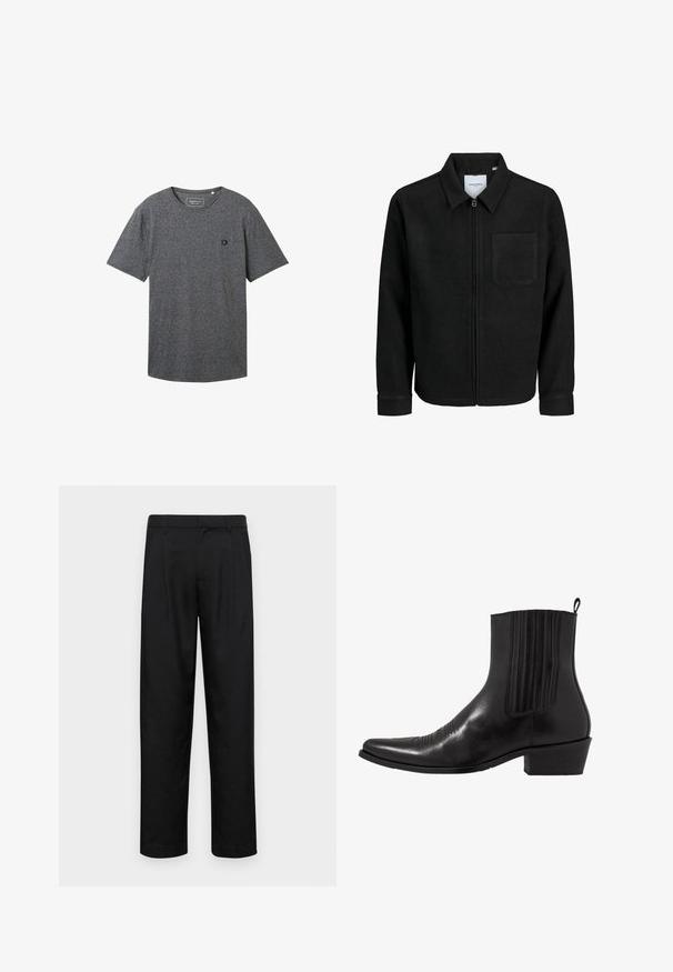 Jachetă neagră cu fermoar, cu guler și un singur buzunar pe piept, expusă pe fundal alb.; TOM TAILOR DENIM OPEN EDGE MELANGE - Tricou basic - black; Pantaloni negri dintr-un material neted, cu un design drept, două pliuri frontale și un tiv standard cu bucle pentru curea.; Cizma de gleznă din piele neagră, cu vârf ascuțit, panouri laterale elastice, accente de cusături verticale și toc bloc mic.