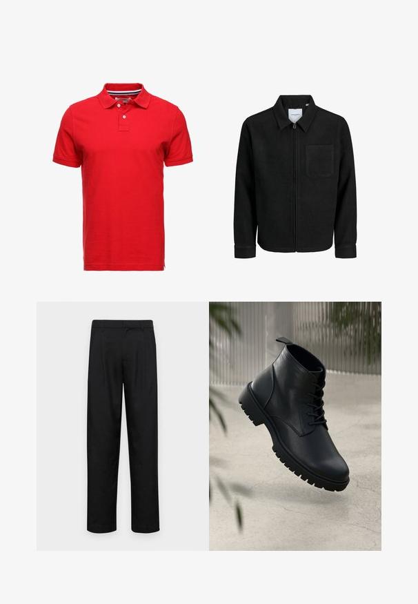 Veste zippée noire avec col et poche poitrine unique, présentée sur fond blanc.; Polo shirt en coton rouge avec un col, doté de deux boutons et d'une encolure intérieure rayée. Manches courtes et coupe standard.; Pantalons noirs en tissu lisse, avec une coupe droite, deux plis avant et une taille standard avec passants de ceinture.; Bottines en cuir noir avec un bout rond, un laçage, et une semelle en caoutchouc robuste. Texture lisse avec une languette à l'arrière.