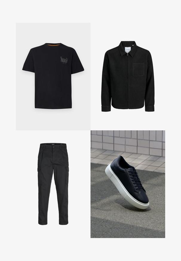 Melna jaka ar rāvējslēdzēju un apkakli, vienu krūšu kabatu, parādīta uz baltas fona.; Melnā kokvilnas t-krekls ar apaļu apkakli, īsām piedurknēm un teksturētu pelēku logo kreisajā krūtī. Gluda auduma, regulāra piegriezuma.; Melnas kravas bikses, izgatavotas no izturīga auduma, ar vairākiem kabatām, pogu aizdari un šaura piegriezuma dizainu ar sašaurinātiem kāju apakšiem.; Melnas ādas kedas ar noapaļotu pirkstu un baltu gumijas zoli. Iespējas - plakanas šņorītes un minimāla apdare augšdaļā. Struktūrēta zole, lai nodrošinātu saķeri.