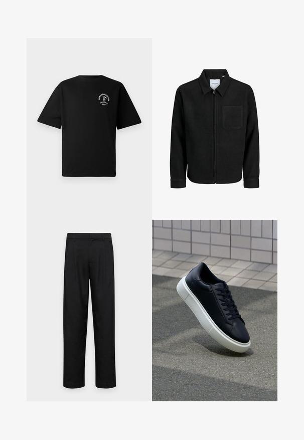 Black zip-up jacket with collar and single chest pocket, displayed on white background.; Black short-sleeve T-shirt with a small white logo on the chest showing a coffee pot and text "Cortado Coffee Original 2013."; Black trousers made of smooth fabric, featuring a straight-leg design, two front pleats, and standard waistband with belt loops.; Black leather sneaker with rounded toe and white rubber sole. Features flat laces and minimal stitching on the upper. Textured sole for grip.