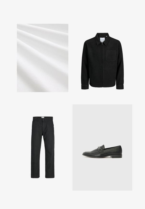 Černá zipová bunda s límečkem a jednou kapsou na hrudi, vystavená na bílém pozadí.; Bavlněná tkanina, bílá barva, hladká textura s jemnými záhyby a vráskami. Rovný povrch, lehce reflexní, bez vzorů nebo akcentů.; Černé kalhoty vyrobené z odolné tkaniny, s rovnými nohavicemi, šitými akcenty a dvěma předními kapsami pro praktičnost.; Černé kožené mokasíny s hladkým povrchem, s prošívaným designem a dekoračním kovovým řetízkem přes nárt. Plochý podpatek.