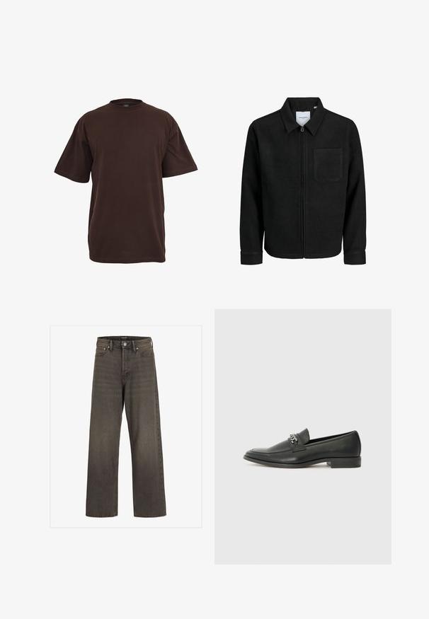 Musta vetoketjullinen takki, jossa on kaulus ja yksi rintatasku, esitelty valkoista taustaa vasten.; Ruskea puuvillapaita, jossa on lyhyet hihat, pyöreä kaula-aukko ja rento istuvuus. Sileä tekstuuri ilman näkyviä kuvioita tai yksityiskohtia.; Valkoset farkut tummanharmaasta denimestä, joissa on korkea vyötärö, klassinen viisi-taskuinen muotoilu ja erottuvat ompeleet saumoissa.; Musta nahkakengät, joissa on sileä pinta, koristeelliset ompeleet ja metalliketjun yksityiskohta kengän päällä. Littee korko.