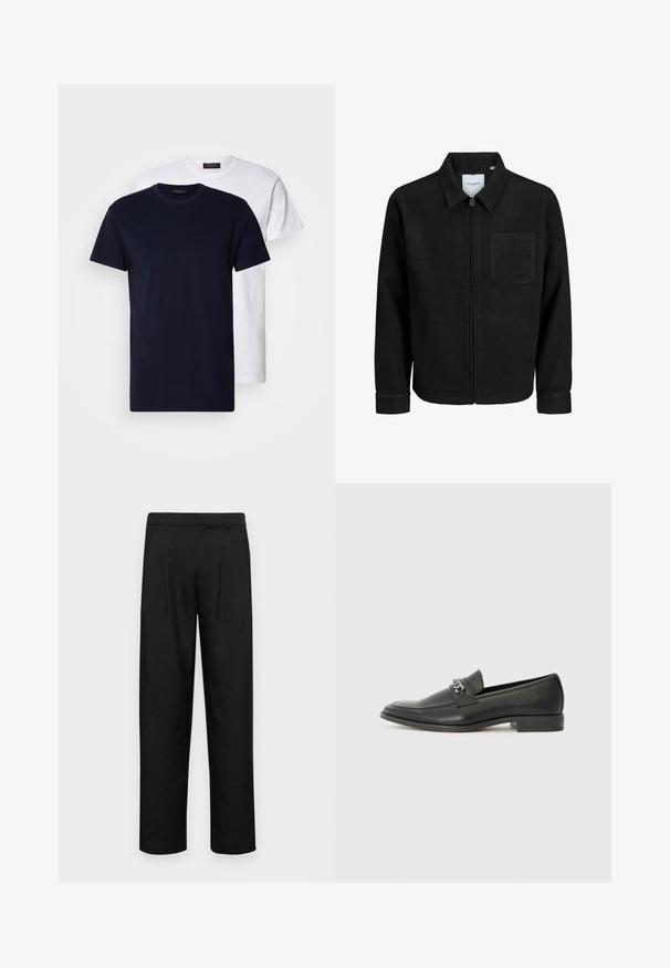Fekete, zipzáros dzseki gallérral és egyetlen mellzsebbel, fehér háttéren.; Két pamut póló: egy sötétkék és egy fehér, mindkettő rövid ujjú és kerek nyakkivágású, sima textúrájú, és nincs rajtuk látható minta.; Fekete nadrág sima anyagból, egyenes szárú fazonnal, két elülső redővel és közönséges derékkal, övhurkokkal.; Fekete bőr loaferek sima felülettel, varrott mintával és díszítő fém lánccal a cipő elején. Lapos sarok.
