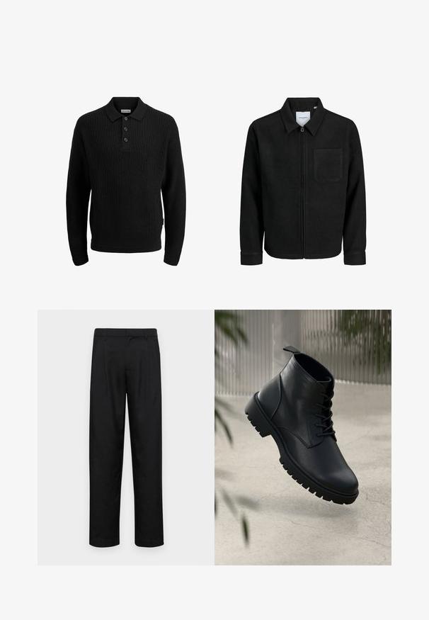 Črna jakna z zadrgo in ovratnikom ter enim žepom na prsih, prikazana na beli podlagi.; Črn pleten pulover s polo ovratnikom, zapenjanjem na tri gumbe, rebrastimi manšetami in robom. Teksturno blago z ohlapnim krojem.; Črne hlače iz gladkega materiala, s krojem ravne noge, dvema sprednjima pregiboma in standardnim pasom z zankami za pas.; Črne usnjene gležnjarje z zaobljenim nosom, s vezalkami in trdim gumijastim podplatom. Gladka tekstura z zanko na hrbtni strani.