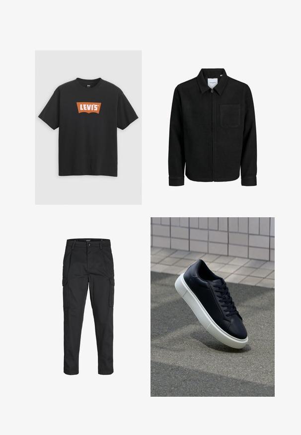 Juodas džemperis su užtrauktuku, apykakle ir vienu krūtiniu kišenėje, pristatytas baltame fone.; Juodas medvilninis marškinėlis, turintis didelį oranžinį Levi's logotipą priekyje, trumpomis rankovėmis ir apvaliu kaklu.; Juodi krovinių tipo džinsai, pagaminti iš tvirto audinio, su keliais kišeniais, mygtuko uždarymu ir siauru, prigludusiu dizainu su siaurėjančiomis kojomis.; Juodas odinis sportbačius su apvaliu pirštu ir baltu gumuotu padu. Turi plokščias raišteles ir minimalų siuvimą viršuje. Padangos tekstūra užtikrina sukibimą.