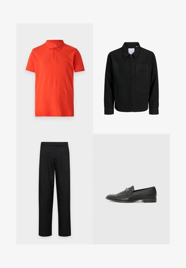 Chaqueta negra con cremallera y cuello, con un solo bolsillo en el pecho, expuesta sobre un fondo blanco.; Camisa polo roja de algodón suave, con cuello clásico, mangas cortas y tres botones en el cuello. Logo bordado simple en el pecho.; Pantalones negros de tela suave, con un diseño de pierna recta, dos pliegues frontales y una cintura estándar con trabillas para el cinturón.; Mocasín de cuero negro con un acabado suave, que cuenta con un diseño de costura y un acento decorativo de cadena de metal en el empeine. Tacón plano.