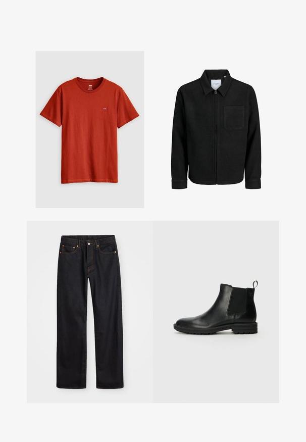 Juodas džemperis su užtrauktuku, apykakle ir vienu krūtiniu kišenėje, pristatytas baltame fone.; Raudonas medvilnės marškinėliai su trumpomis rankovėmis, apvalia iškirpte ir maža Levi's logotipo siuvinėle ant krūtinės. Slydi tekstūra ir paprastas dizainas.; Vyrų tiesaus kirpimo juodi džinsai iš denim medžiagos, su penkiomis kišenėmis ir oranžinėmis siūlėmis, su mygtuko ir užtrauktuko uždarymu ant priekio.; Jack & Jones JFWHOSKINS - Klasikiniai aulinukai - anthracite