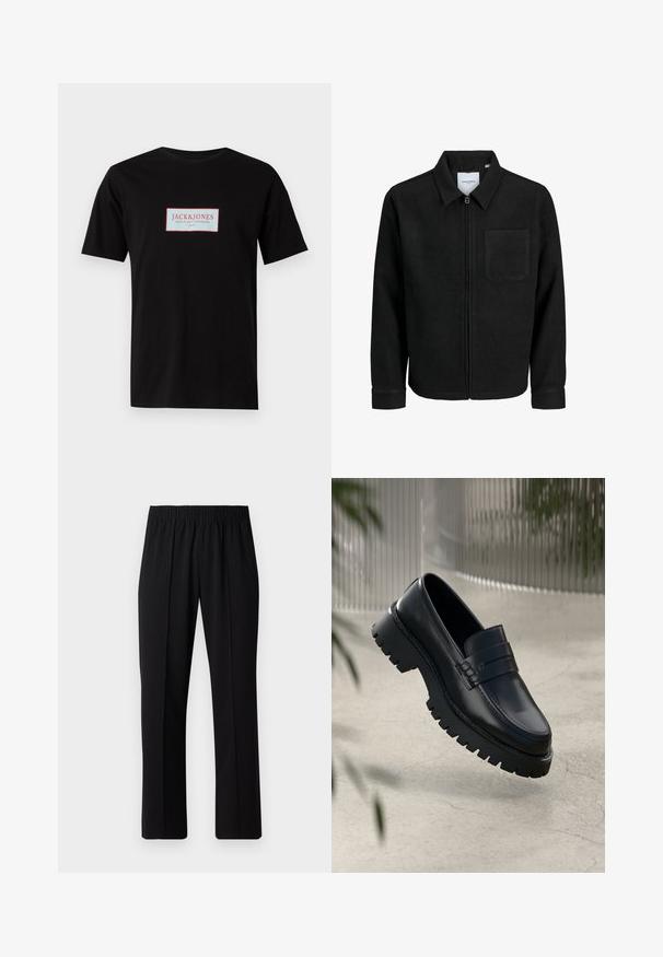 Mustaga lukuga jakker, millel on krae ja üks rinna-tasku, esitatud valgel taustal.; Must must valge T-särk, millel on keskne ristkülikukujuline logo "JACK & JONES" punases ja valges, lühikeste varrukatega.; Mustad, elastse puusärgid sirge säärega, mis on sileda tekstuuriga ja ilma nähtavate mustrite või riistadega.; Mustad nahkseid loafereid paksu tallaga, kaunistatud rihma ja õmbluse detailidega. Siledat tekstuuri kaunistab läikiv viimistlus.