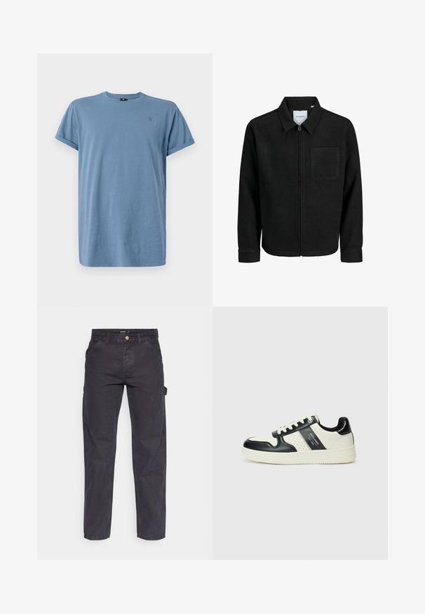 Fekete, zipzáros dzseki gallérral és egyetlen mellzsebbel, fehér háttéren.; G-STAR LASH - Basic póló - avio; Sötétszürke cargo nadrág tartós anyagból, egyenes szárú fazonnal, öt zsebbel és gombos derékzárral.; Fekete és krém színű bőrsneaker, perforált díszítésekkel, párnázott bokapánttal és texturált talppal.