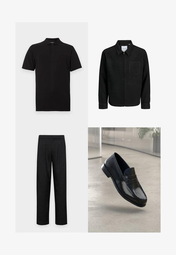 Mustaga lukuga jakker, millel on krae ja üks rinna-tasku, esitatud valgel taustal.; Mustus polo särk, mis on valmistatud puuvillast, klassikalise krae, kolme nupuga ja väikese logo detailiga rinnal.; Mustad mustadest riietest, millel on sirge jalgade disain, kaks eesmist voltimist ja tavaline vöökoht, millel on vöökohad.; Mustad nahast mokassiinid, millel on sile viimistlus, ümar varvas, dekoratiivsed õmblused ja veidi kõrgendatud tald.