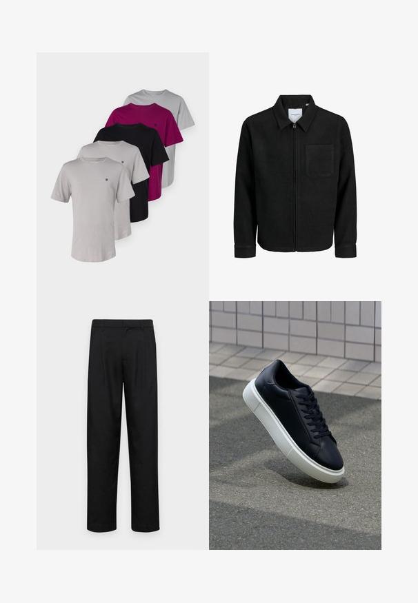 Juodas džemperis su užtrauktuku, apykakle ir vienu krūtiniu kišenėje, pristatytas baltame fone.; Jack & Jones PREMIUM JPRBRODY TEE CREW 5 PACK - Paprasti marškinėliai - ash/black/alloy/magnetapurple; Juodi kelnių modeliai, pagaminti iš lygios medžiagos, turi tiesią kojas, du priekiniai klostės ir standartinę juosmenį su diržo kilpomis.; Juodas odinis sportbačius su apvaliu pirštu ir baltu gumuotu padu. Turi plokščias raišteles ir minimalų siuvimą viršuje. Padangos tekstūra užtikrina sukibimą.
