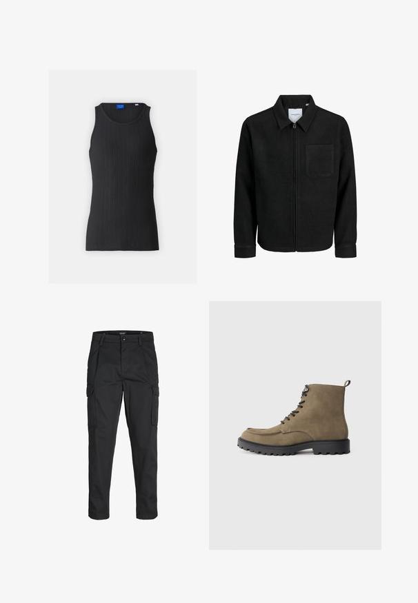 Crna jakna na zip s ovratnikom i jednim džepom na prsima, prikazana na bijeloj pozadini.; Crni rebrasti top bez rukava s okruglim izrezom, izrađen od mekog, rastezljivog materijala s suptilnim sjajem.; Crne cargo hlače izrađene od čvrstog materijala, s brojnim džepovima, kopčanjem na gumb i dizajnom koji pomaže da se prilagode tijelu sa suženim nogavicama.; Smeđi nubuk čizmi s crnim gumenim potplatom, okruglim vrhom, vezanjem sprijeda i kontrastnim šavovima. Ima ušicu na peti za lakše obuvanje.