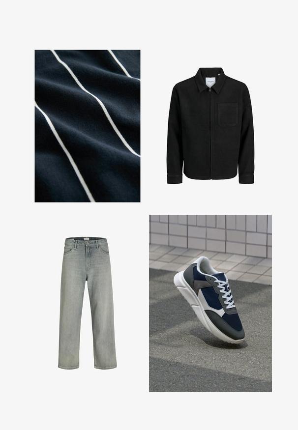 Fekete, zipzáros dzseki gallérral és egyetlen mellzsebbel, fehér háttéren.; Sötétkék szövet fehér függőleges csíkokkal, sima textúrával és enyhe fényességgel, kiemelve a csíkos mintát.; Világosszürke, laza szabású farmernadrág. Klasszikus öt zsebes dizájn, övhurkok és egyenes szárú fazon jellemzi.; Cipő, amelynek sötétkék hálós felsőrésze, szürke velúr díszítései, fehér gumitalpa és lapos fehér fűzője van, a kényelem és a légáteresztő képesség érdekében tervezve.