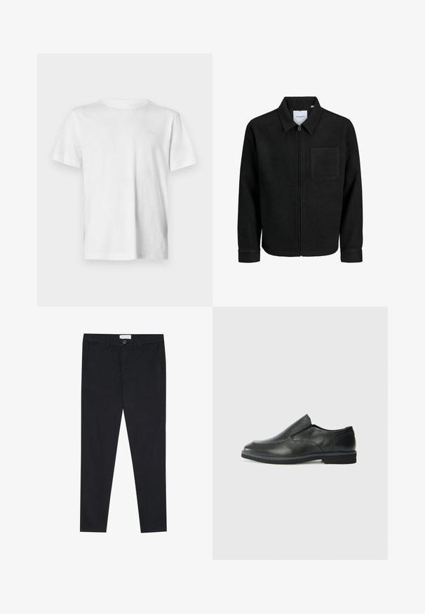 Juodas džemperis su užtrauktuku, apykakle ir vienu krūtiniu kišenėje, pristatytas baltame fone.; Balta trumpa rankovė T-shirt, pagaminta iš minkštos medvilnės, su apvalia iškirpte ir subtiliu reljefiniu logotipu kairėje krūtinės pusėje.; Juodos kelnes su tiesia kojos linija, pagamintos iš medvilnės audinio. Yra dvi priekinės kišenės ir mygtuko užsegimas juosmenyje.; Juodai odiniai įtvirtinimo batai su lygiu paviršiumi, siuvinėjimo akcentais, apvalia nosimi ir žemu guminiu kulnu. Pado raštas minimalus.