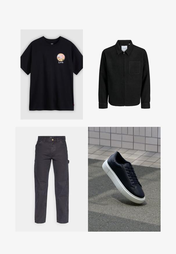 Črna jakna z zadrgo in ovratnikom ter enim žepom na prsih, prikazana na beli podlagi.; Črna bombažna majica s kratkimi rokavi z okroglo grafično zasnovo v pastelnnih barvah, ki prikazuje pokrajino in besedo "Levis" pod grafiko.; Temno sivi cargo hlače iz trpežnega materiala, z ravnim krojem nogavic, petimi žepi in gumbom za zapiranje v pasu.; Črne usnjene superge z zaobljenim prstom in belim gumijastim podplat. Imajo ravne vezalke in minimalno šivanje na zgornjem delu. Teksturirani podplat za oprijem.