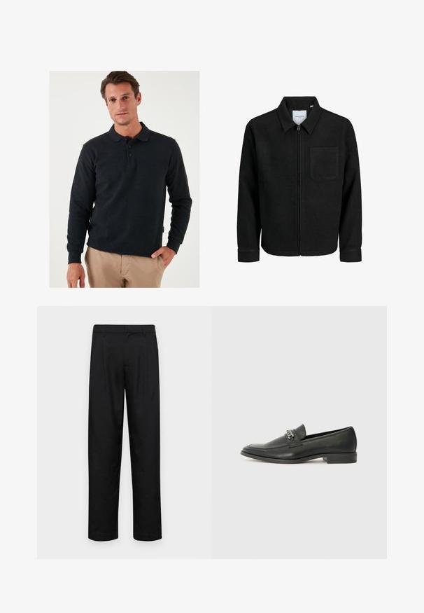 Sort lynlåsjakke med krave og en enkelt brystlomme, vist på hvid baggrund.; Mørkegrå langærmet polo skjorte med krave, tre-knaps placket og ribbede manchetter. Glat stof med let struktur.; Sorte bukser lavet af glat stof, med et lige ben-design, to frontfolder og en standard talje med bæltestropper.; Sorte læder loafers med en glat finish, der har et syet design og et dekorativt metal kædeaccent hen over vamps. Flad hæl.