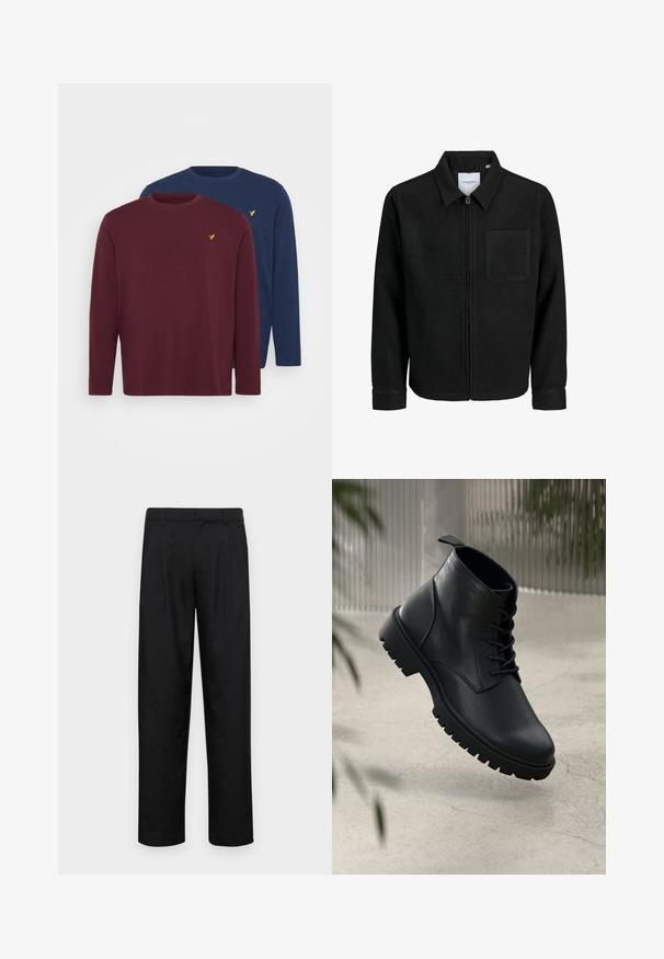 Musta vetoketjullinen takki, jossa on kaulus ja yksi rintatasku, esitelty valkoista taustaa vasten.; Pier One 2 PACK - Pitkähihainen paita - bordeaux/dark blue; Mustat housut, jotka on valmistettu sileästä kankaasta, suoran lahkeen muotoilulla, kahdella etupleekillä ja tavanomaisella vyötäröllä, jossa on vyölenkit.; Mustat nahka nilkkurit, joissa on pyöreä kärki, nauhakiinnitys ja kova kumipohja. Sujuva pinta, jossa on vetoketju takana.