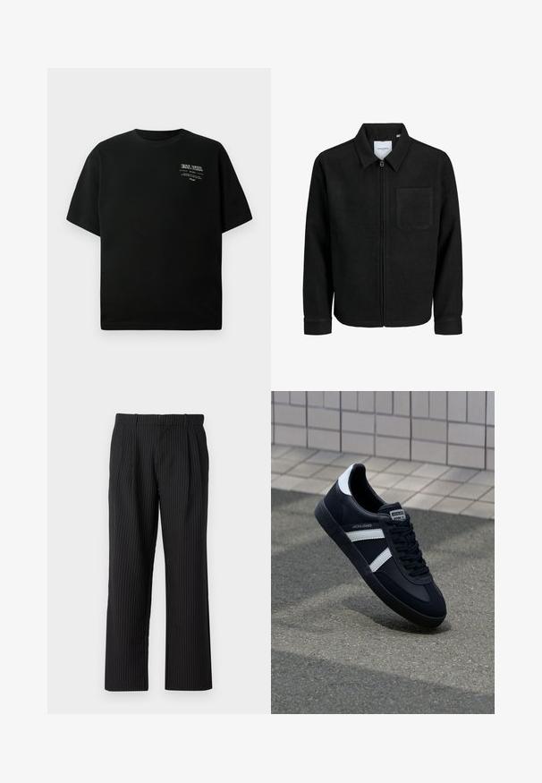 Černá zipová bunda s límečkem a jednou kapsou na hrudi, vystavená na bílém pozadí.; Černé bavlněné tričko s kulatým výstřihem a krátkými rukávy; má bíle potisknutý text na horní levé straně. Hladká textura.; Jack & Jones JPSTBILL JJDAYTONA WIDE - Kalhoty - black; Černé kožené tenisky s bílými pruhy, texturovanou gumovou podrážkou a šněrováním vpředu. Obsahují značenou etiketu na jazyku.