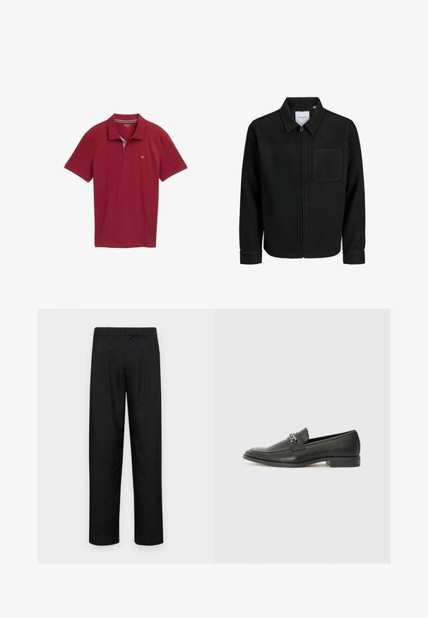 Crna jakna na zip s ovratnikom i jednim džepom na prsima, prikazana na bijeloj pozadini.; Crvena polo majica s ovratnikom, kratkim rukavima i teksturiranim materijalom. Ima mali logo na lijevoj strani prsiju.; Crne hlače od glatkog materijala, s dizajnom ravnih nogavica, dva prednja nabora i standardnim pojasom s petljama za remen.; Crna kožna loafer cipela s glatkom finišem, s ušivenim uzorkom i dekorativnim metalnim lancem preko prednjeg dijela. Ravni potplat.