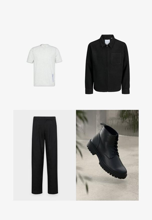 Musta vetoketjullinen takki, jossa on kaulus ja yksi rintatasku, esitelty valkoista taustaa vasten.; Vaalea harmaa lyhythihainen t-paita, jossa on pyöreä kaula-aukko ja pystysuora sininen "Calvin Klein" -logo alhaalla sauman kohdalla.; Mustat housut, jotka on valmistettu sileästä kankaasta, suoran lahkeen muotoilulla, kahdella etupleekillä ja tavanomaisella vyötäröllä, jossa on vyölenkit.; Mustat nahka nilkkurit, joissa on pyöreä kärki, nauhakiinnitys ja kova kumipohja. Sujuva pinta, jossa on vetoketju takana.