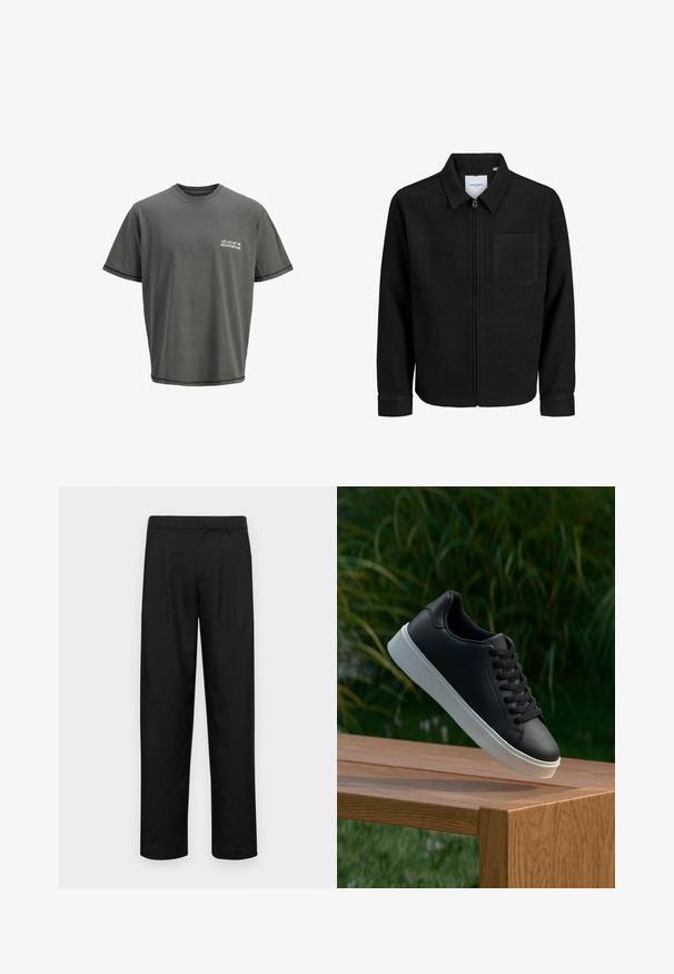 Chaqueta negra con cremallera y cuello, con un solo bolsillo en el pecho, expuesta sobre un fondo blanco.; Camiseta de algodón gris con cuello redondo, mangas cortas y un logo impreso en el lado izquierdo del pecho. Presenta costuras en el dobladillo de contraste.; Pantalones negros de tela suave, con un diseño de pierna recta, dos pliegues frontales y una cintura estándar con trabillas para el cinturón.; Zapatilla negra de cuero con una textura suave, suela de goma blanca y seis ojetes para cordones, exhibida sobre una superficie de madera.