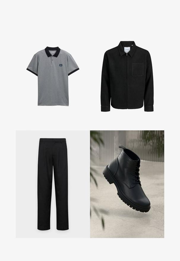 Črna jakna z zadrgo in ovratnikom ter enim žepom na prsih, prikazana na beli podlagi.; Siva polo majica z črnim ovratnikom in poudarki na rokavih. Ima tri gumbe za zapiranje in majhno oznako na prsih. Prožen bombažni material.; Črne hlače iz gladkega materiala, s krojem ravne noge, dvema sprednjima pregiboma in standardnim pasom z zankami za pas.; Črne usnjene gležnjarje z zaobljenim nosom, s vezalkami in trdim gumijastim podplatom. Gladka tekstura z zanko na hrbtni strani.
