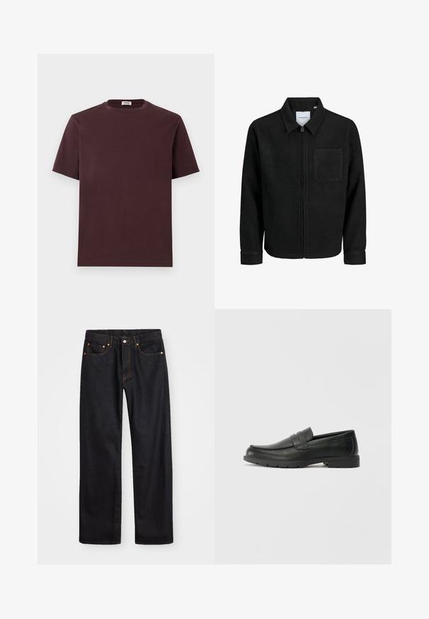 Jachetă neagră cu fermoar, cu guler și un singur buzunar pe piept, expusă pe fundal alb.; Tricou bordeaux din bumbac, cu guler rotund, mâneci scurte și croială lejeră. Fără logo-uri sau modele vizibile. Textură moale.; Jeans negri din denim pentru bărbați, cu croială dreaptă, cinci buzunare și cusături portocalii, închidere cu nasture și fermoar pe talie.; Labeled cu oglindă din piele neagră cu un finisaj neted, partea superioară în stil mocasin, detalii cusute și o talpă din cauciuc. Design clasic cu un toc jos.