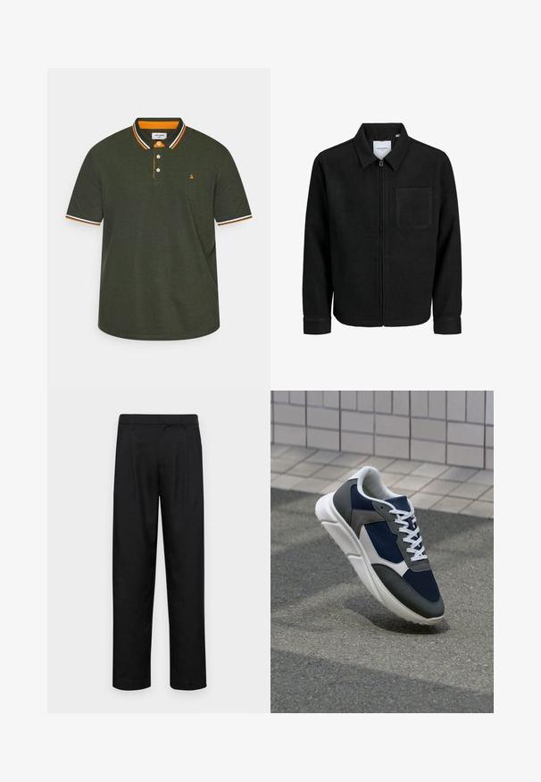 Jachetă neagră cu fermoar, cu guler și un singur buzunar pe piept, expusă pe fundal alb.; Tricou polo de culoare verde închis, cu un guler cu dungi portocalii și albe, placket cu trei butoane și un logo mic pe piept.; Pantaloni negri dintr-un material neted, cu un design drept, două pliuri frontale și un tiv standard cu bucle pentru curea.; Adidași cu un uppers din plasă albastră închisă, accente din suede gri, talpă din cauciuc alb și șireturi plate albe, concepuți pentru confort și respirabilitate.