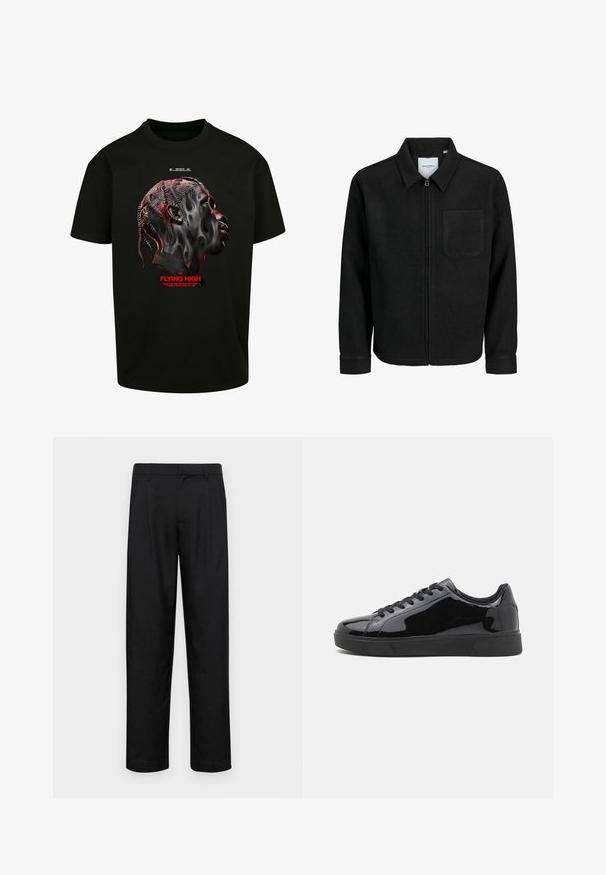 Zwarte zip-up jas met kraag en enkele borstzak, weergegeven op een witte achtergrond.; Zwarte katoenen t-shirt met een grafiek van een gestileerd gezicht in tinten van grijs en rood, met daaronder rode tekst die "FLYING HIGH" zegt.; Zwarte broeken van gladde stof, met een recht model, twee voorknikken en een standaard tailleband met riemlussen.; Zwarte gepoetste lederen sneakers met een ronde neus, platte rubberen zool en zwarte veters. Glad, glanzend oppervlak op de bovenzijde.