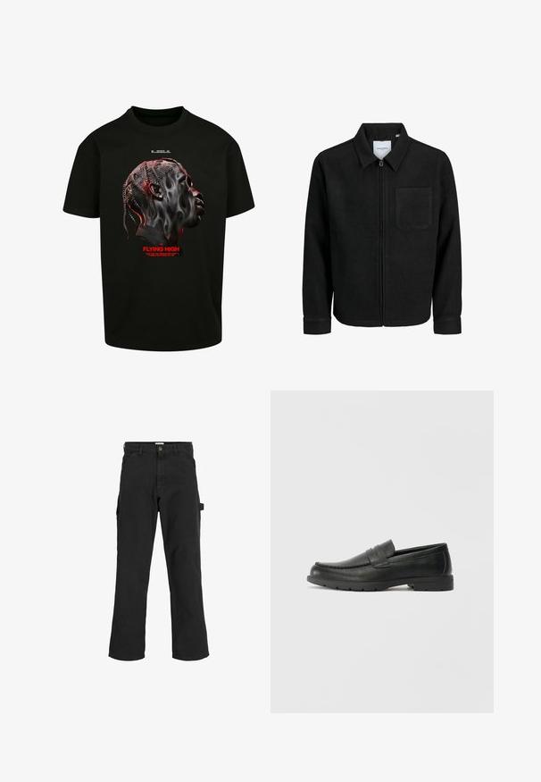 Black zip-up jacket with collar and single chest pocket, displayed on white background.; Black cotton t-shirt featuring a graphic of a stylized face in shades of gray and red, with red text reading "FLYING HIGH" beneath.; Black cargo pants in cotton blend fabric. Features wide legs, front slant pockets, and a side pocket with a loop for accessories.; Black leather loafers with a smooth finish, moccasin-style upper, stitched detailing, and a rubber sole. Classic design with a low heel.