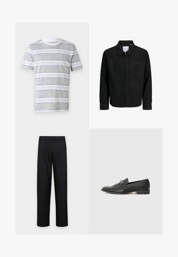 Juodas džemperis su užtrauktuku, apykakle ir vienu krūtiniu kišenėje, pristatytas baltame fone.; Šviesiai pilkas ir baltas juostuotas trumpomis rankovėmis marškinėliai. Yra horizontalių juostelių, apvalus iškirpimas ir minkšta tekstūra. Paprastas dizainas.; Juodi kelnių modeliai, pagaminti iš lygios medžiagos, turi tiesią kojas, du priekiniai klostės ir standartinę juosmenį su diržo kilpomis.; Juodos odinės loafer tipo bateliai su lygiu paviršiumi, turintys siuvinėtą dizainą ir dekoratyvų metalo grandinėlės akcentą ant batų viršaus. Plokščias kulnas.