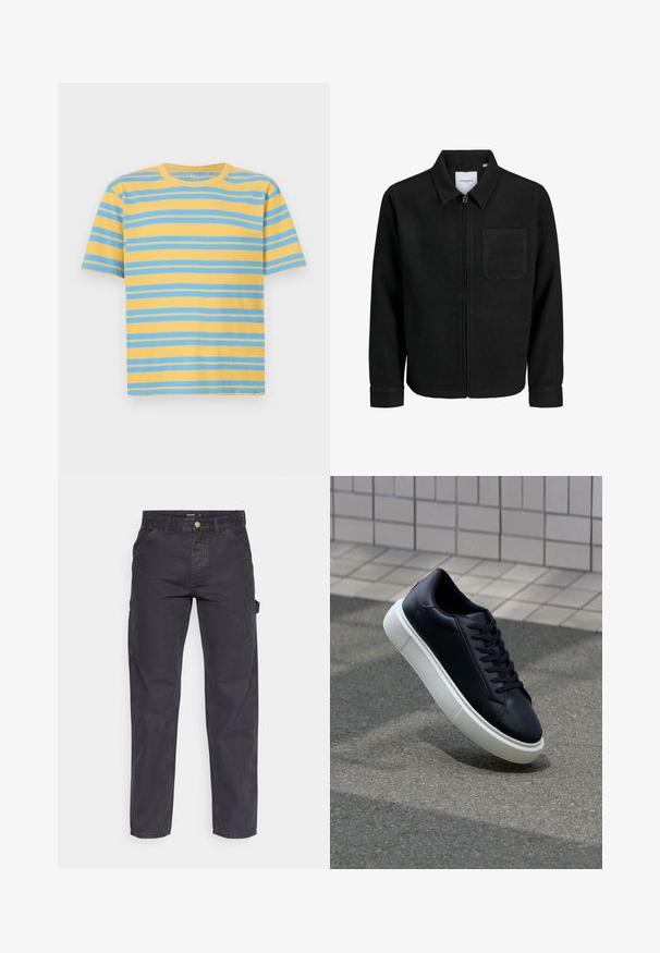Sort lynlåsjakke med krave og en enkelt brystlomme, vist på hvid baggrund.; Stribet t-shirt i gul og blå, lavet af bomuld. Har en klassisk rund hals, korte ærmer og ligeledes vandrette striber.; Mørkegrå cargo-bukser lavet af slidstærkt stof, med lige ben, fem lommer og en knaplukning i taljen.; Sort lædersneaker med rund tå og hvid gummisål. Har flade snørebånd og minimal syning på overdelen. Tekstureret sål for bedre greb.