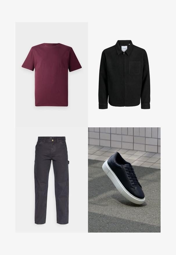 Czarna kurtka z zamkiem na całej długości, z kołnierzem i jedną kieszenią na piersi, umieszczona na białym tle.; Bordowa koszulka z krótkim rękawem, wykonana z gładkiej bawełny, charakteryzuje się klasycznym okrągłym dekoltem i luźnym krojem, bez widocznych wzorów czy akcentów.; Ciemnoszare spodnie cargo wykonane z trwałej tkaniny, z prostymi nogawkami, pięcioma kieszeniami i zapięciem na guzik w talii.; Czarne skórzane sneakersy z okrągłym noskiem i białą gumową podeszwą. Posiadają płaskie sznurowadła i minimalne przeszycia na cholewce. Teksturowana podeszwa zapewnia przyczepność.