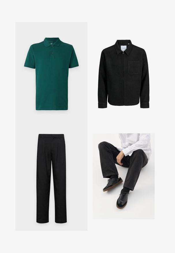 Juodas džemperis su užtrauktuku, apykakle ir vienu krūtiniu kišenėje, pristatytas baltame fone.; Žalias poliesteris, pagamintas iš medvilnės. Yra klasikinis apykaklė, trumpomis rankovėmis ir trimis sagomis ant kaklo. Lygi tekstūra.; Juodi kelnių modeliai, pagaminti iš lygios medžiagos, turi tiesią kojas, du priekiniai klostės ir standartinę juosmenį su diržo kilpomis.; Juodi sportbačiai su lygiu ir tekstūruotu paviršiumi, turi guminį padas ir tamsias raištelius. Suderinti su juodomis džinsais ir balta juostuota marškinėliais.