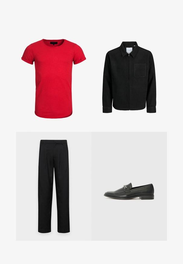 Sort lynlåsjakke med krave og en enkelt brystlomme, vist på hvid baggrund.; Rød bomulds t-shirt med rund halsudskæring, korte rullede ærmer og en let buet kant. Stoffet har en subtil tekstur og er tætsiddende.; Sorte bukser lavet af glat stof, med et lige ben-design, to frontfolder og en standard talje med bæltestropper.; Sorte læder loafers med en glat finish, der har et syet design og et dekorativt metal kædeaccent hen over vamps. Flad hæl.