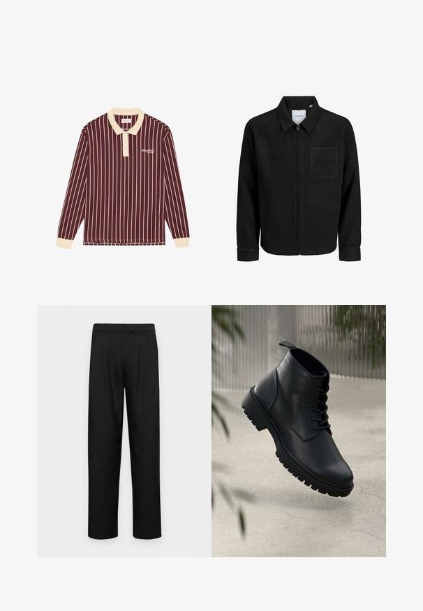 Czarna kurtka z zamkiem na całej długości, z kołnierzem i jedną kieszenią na piersi, umieszczona na białym tle.; Bordowa koszulka polo z długim rękawem, w kremowe pionowe paski, z kremowym kołnierzykiem i haftowanym logo na piersi, posiadająca prążkowane mankiety.; Czarne spodnie wykonane z gładkiego materiału, z prostą nogawką, dwoma fałdami z przodu oraz standardowym paskiem z wypustkami na pasek.; Czarne skórzane botki na kostkę z okrągłym noskiem, sznurowanym zapięciem i solidną gumową podeszwą. Gładka struktura z pętelką z tyłu.