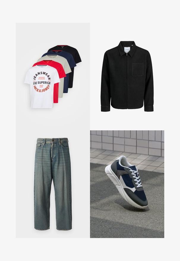 Čierna zipsová bunda s golierom a jednou náprsníkou, vystavená na bielom pozadí.; Päť tričiek s okrúhlym výstrihom v bielej, červenej, šedej, námorníckej a čiernej farbe; biele tričko má grafický text; vyrobené z bavlny, krátke rukávy.; Svetlomodré denimové nohavice so voľným strihom, stredne vysokým pásom a rovnými nohavicami. Obsahujú päť vreciek, pútka na opasok a zapínanie na gombík.; Tenisky s sieťovinou v námorníckej modrej farbe, so sivými semišovými detailmi, bielou gumovou podrážkou a plochými bielymi šnúrkami, navrhnuté pre pohodlie a priedušnosť.