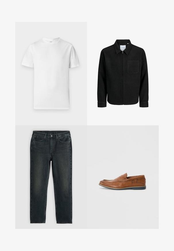 Schwarze Zip-Jacke mit Kragen und einer einzelnen Brusttasche, auf weißem Hintergrund präsentiert.; Weißes kurzärmliges T-Shirt aus weicher Baumwolle. Verfügt über einen runden Halsausschnitt und einen geraden Saum mit minimalen Details.; Dunkelblaue Jeans aus Denim mit geradem Bein, fünf Taschen, Reißverschluss und kontrastierenden Nähten. Dezente Ausbleichungen im Stoff.; Braune Lederloafers mit runder Spitze, gesteppten Akzenten und einer niedrigen Gummisohle. Das Design verfügt über ein Band über dem oberen Teil.