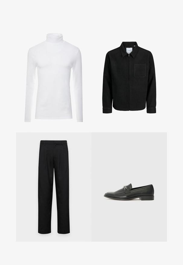 Black zip-up jacket with collar and single chest pocket, displayed on white background.; White long-sleeve turtleneck shirt made of soft, stretchy fabric. Features a high collar and fitted design, providing a streamlined silhouette.; Black trousers made of smooth fabric, featuring a straight-leg design, two front pleats, and standard waistband with belt loops.; Black leather loafer with a smooth finish, featuring a stitched design and a decorative metal chain accent across the vamp. Flat heel.