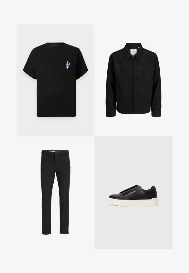Jachetă neagră cu fermoar, cu guler și un singur buzunar pe piept, expusă pe fundal alb.; Tricou negru din bumbac cu mâneci scurte, prezentând un detaliu grafic mic de culoare mov în zona stângă a pieptului. Design simplu, de tip cutie.; Pantaloni negri din bumbac cu un croi slim, având închidere cu nasture, buzunare și manșete răsturnate pentru un aspect casual.; Tenis negri slip-on cu upper din piele texturată, talpă din cauciuc alb și fără șireturi vizibile. Prezintă logo-ul mărcii pe lateral.