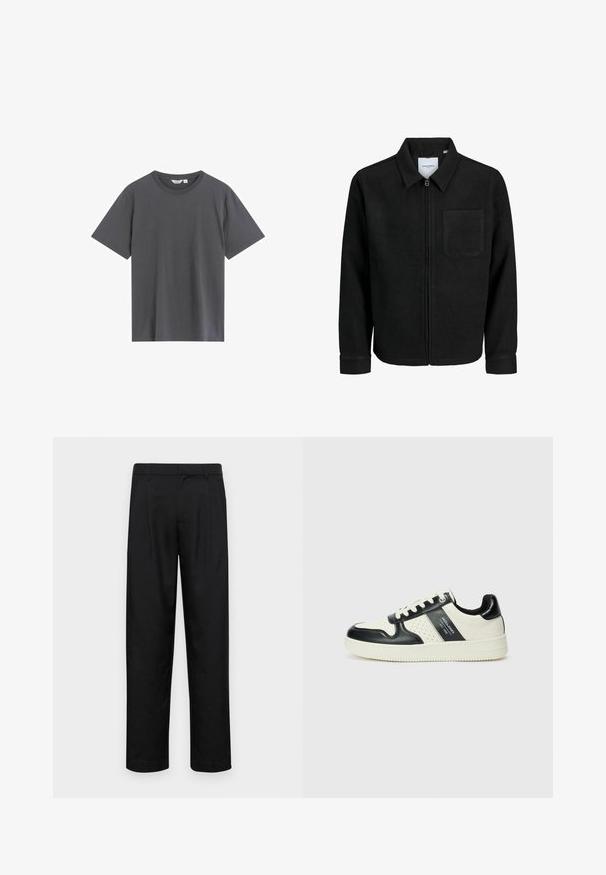 Sort lynlåsjakke med krave og en enkelt brystlomme, vist på hvid baggrund.; Grå t-shirt lavet af blødt bomuld, med en klassisk rund hals, korte ærmer og en afslappet pasform uden synlige mønstre eller detaljer.; Sorte bukser lavet af glat stof, med et lige ben-design, to frontfolder og en standard talje med bæltestropper.; Lædersneakers i sort og creme farveskema, med perforerede detaljer, en polstret krave og en struktureret ydersål.