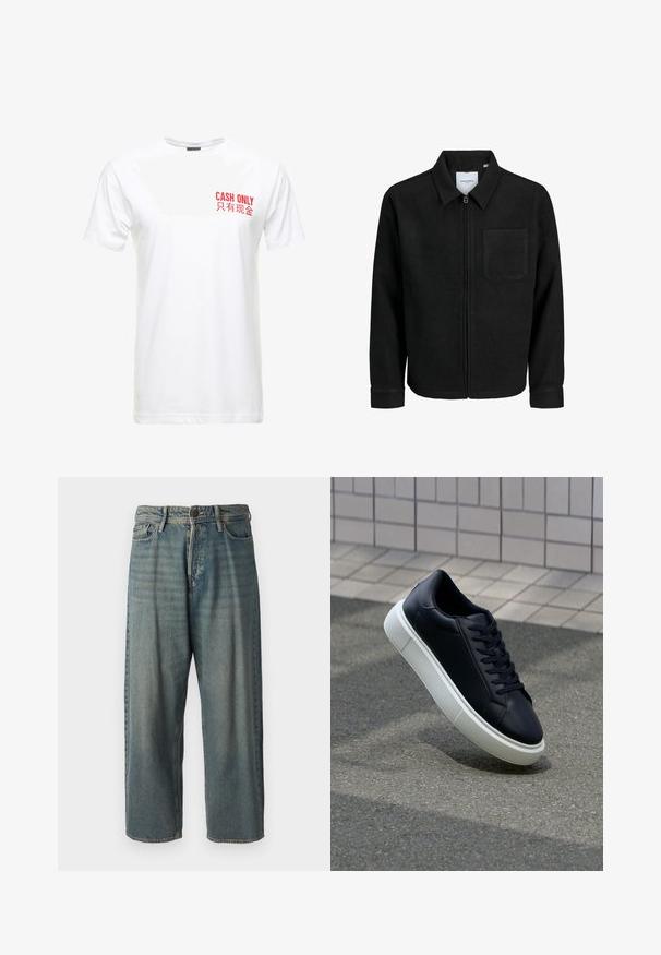 Črna jakna z zadrgo in ovratnikom ter enim žepom na prsih, prikazana na beli podlagi.; Bela bomba majica s kratkimi rokavi, ki vsebuje rdeče tiskano besedilo na levem prsnem delu, ki pravi "SAMI GOTOVINA" in njeno kitajsko različico.; Svetlomoderne kavbojke z ohlapnim krojem, srednjim pasom in ravnimi nogami. Imajo pet žepov, zanke za pas in zapiranje na gumb.; Črne usnjene superge z zaobljenim prstom in belim gumijastim podplat. Imajo ravne vezalke in minimalno šivanje na zgornjem delu. Teksturirani podplat za oprijem.