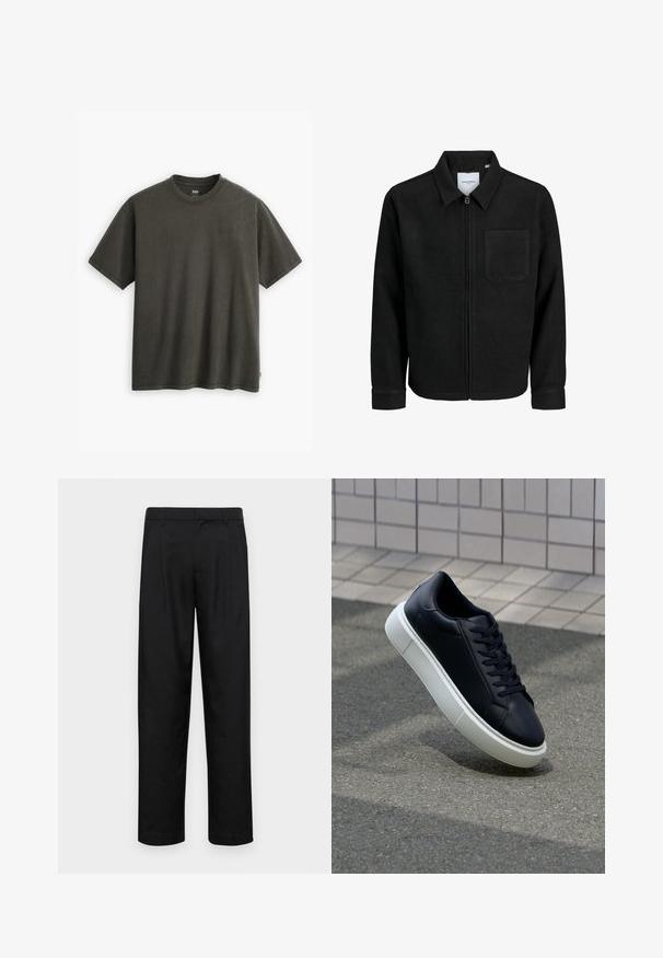 Mustaga lukuga jakker, millel on krae ja üks rinna-tasku, esitatud valgel taustal.; Levi's® RED TAB™ VINTAGE TEE - Lihtne T-särk - pirate black; Mustad mustadest riietest, millel on sirge jalgade disain, kaks eesmist voltimist ja tavaline vöökoht, millel on vöökohad.; Mustast nahast tennisetoss, millel on ümar nina ja valge kummist tall. Omab siredaid paelu ja minimaalset õmblemist ülemises osas. Tekstuuriga tald, mis tagab haakuvuse.