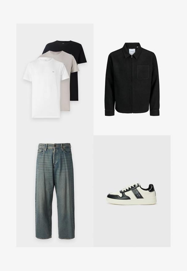 Crna jakna na zip s ovratnikom i jednim džepom na prsima, prikazana na bijeloj pozadini.; Tri majice s okruglim izrezom u bijeloj, bež i crnoj boji, izrađene od mekog pamučnog materijala, svaka s malim logom na prsima.; Svijetloplave traperice s širokim krojem, srednjim pojasom i ravnim nogavicama. Ima pet džepova, petlje za remen i kopčanje na gumb.; Kožne tenisice s crno-bijelom paletom boja, koje imaju perforirane akcentne detalje, podstavljeni ovratnik i teksturiranu potplat.