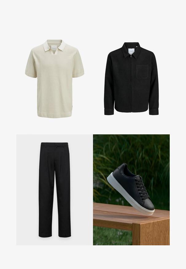 Čierna zipsová bunda s golierom a jednou náprsníkou, vystavená na bielom pozadí.; Krátky béžový polo tričko s textúrovaným pleteným vzorom, kontrastným golierom a rebrovanými manžetami. Obsahuje výstrih do V a akcenty na bočných lemoch.; Čierne nohavice vyrobené z hladkej tkaniny, s rovnými nohavicami, dvoma prednými skladmi a štandardným pásom s pútkami na opasok.; Čierne kožené tenisky s hladkým povrchom, biela gumená podrážka a šesť dierok na šnúrky, vystavené na drevenom povrchu.