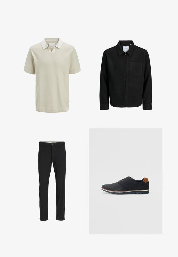 Sort lynlåsjakke med krave og en enkelt brystlomme, vist på hvid baggrund.; Kortærmet beige polo-shirt med et struktureret strikkemønster, kontrasterende krave og ribbede ærmeslids. Har en v-hals og sømaksenter på siden.; Sorte bomuldsblandede bukser med slim fit, der har en knaplukning, lommer og opbrugte stumper for et afslappet udtryk.; Sorte syntetiske sko med en tekstureret overdel, glatte accenter, brun hæl og en kontrasterende sål. Har minimale snørebånd og syningsdetaljer.