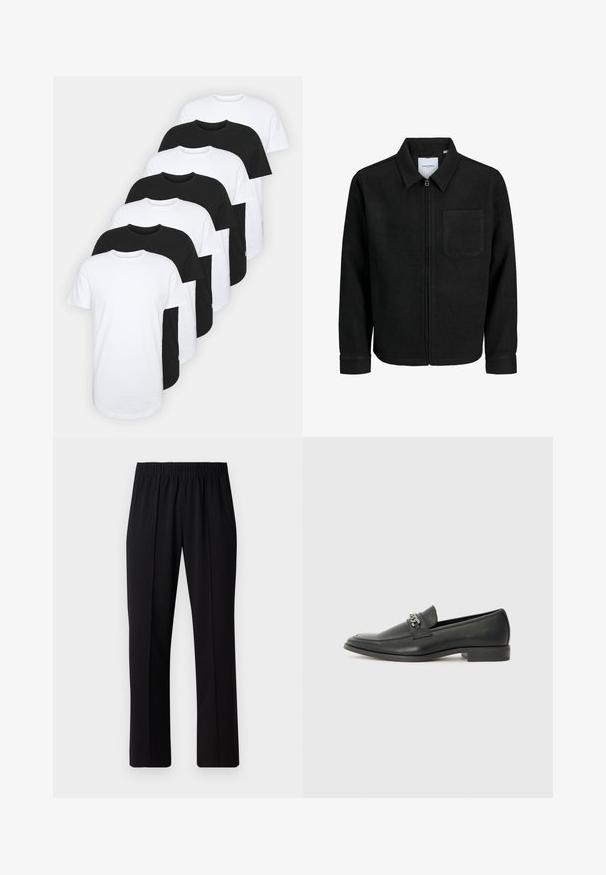 Zwarte zip-up jas met kraag en enkele borstzak, weergegeven op een witte achtergrond.; Set van acht crew-neck t-shirts in zwart en wit. Katoenen materiaal, korte mouwen, standaard pasvorm, zachte textuur, met label detail.; Zwarte, elastische broek met rechte pijpen, met een gladde textuur en zonder zichtbare patronen of hardware.; Zwarte leren instapper met een gladde afwerking, voorzien van een gestikt ontwerp en een decoratieve metalen kettingaccent over de wreef. Platte hak.