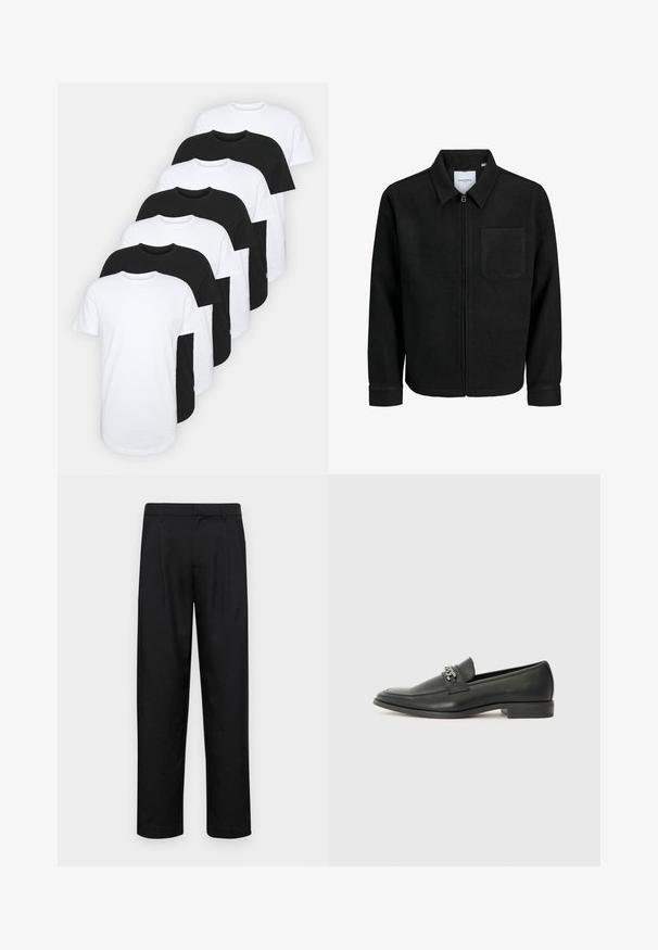 Chaqueta negra con cremallera y cuello, con un solo bolsillo en el pecho, expuesta sobre un fondo blanco.; Conjunto de ocho camisetas de cuello redondo en blanco y negro. Material de algodón, manga corta, corte estándar, textura suave, con detalle de etiqueta.; Pantalones negros de tela suave, con un diseño de pierna recta, dos pliegues frontales y una cintura estándar con trabillas para el cinturón.; Mocasín de cuero negro con un acabado suave, que cuenta con un diseño de costura y un acento decorativo de cadena de metal en el empeine. Tacón plano.